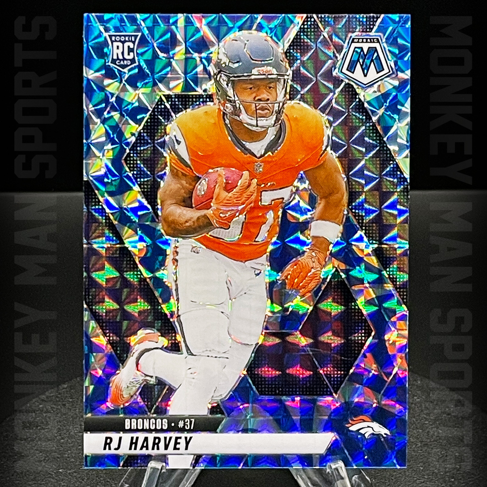 2025 Mosaic - RJ Harvey Rookie RC - #375 BLUE REACTIVE MOSAIC BRONCOS MINT