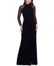 Betsy  Adam Black Illusion Mesh Long Sleeve Velvet Mermaid Gown Size 14 209