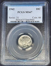 1942 MERCURY DIME PCGS MS-67 GORGEOUS WHITE HIGH GRADE PHILADELPHIA MINT GEM