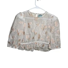 Future Collective Blouse Women's Small Floral Sheer Puff Sleeve Cropped Tee Top