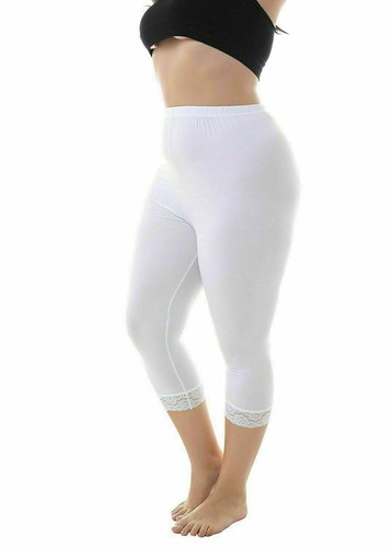 Women's Capri Ultra Soft Lace Trim classy Leggings Stretchy 3/4 Cropped Pants UK - Picture 5 of 11