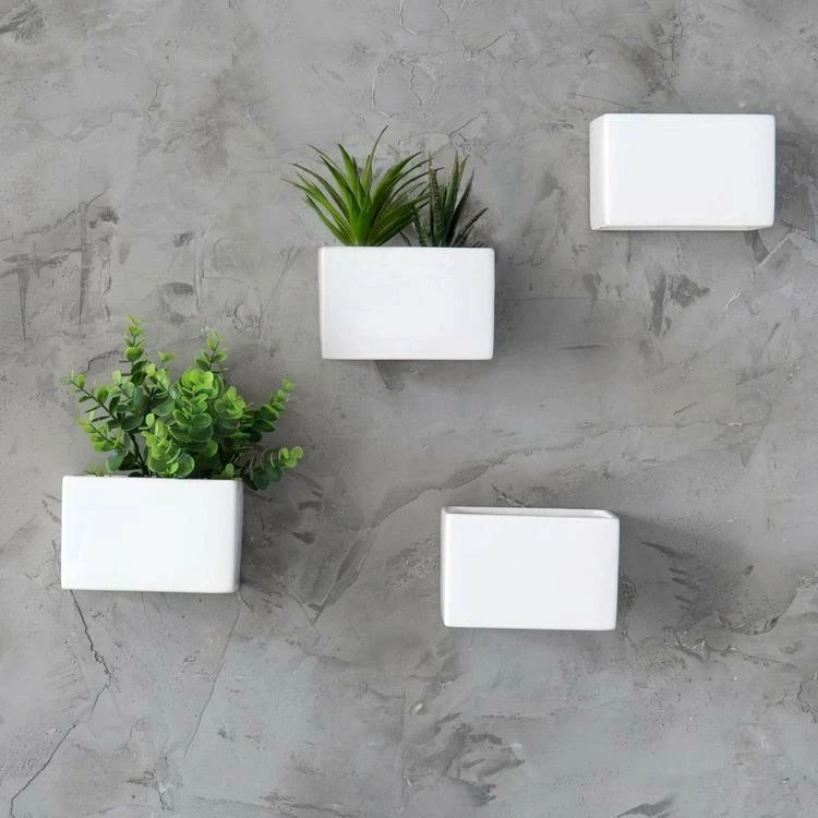 White Modern Ceramic Square Wall Hanging Succulent & Herb Planter Box, Set of 4 - Image 3 of 4