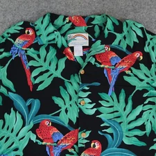 Paradise Found Hawaiian Shirt L Black Parrots Jungle Bird Tom Selleck Magnum PI