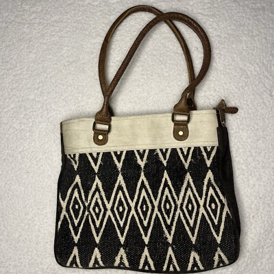 Myra Bag Tote Purse Shoulder Bag Gray Brown Hair Canvas Leather ***SEE PHOTOS***