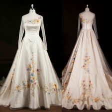 Vintage Florals Wedding Dresses Satin Long Sleeves Scoop Neck Bridal Gowns