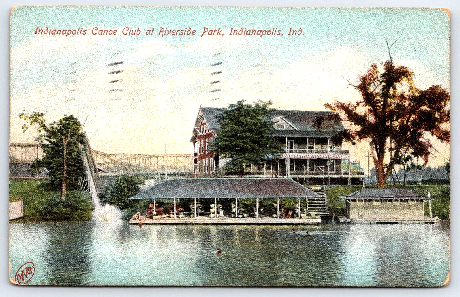 VINTAGE OLD ANTIQUE POSTCARD CANOE CLUB RIVERSIDE PARK INDIANAPOLIS INDIANA 1908