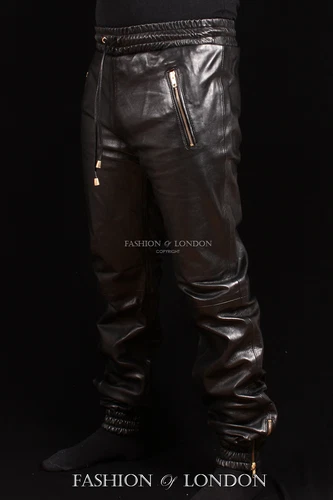 Men's JOGGER Black Lambskin Premium Real Soft Leather Jogging Trouser Draw Pants