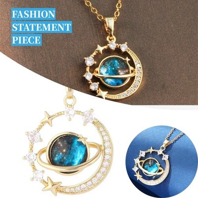 Gold Planet Pendant Necklace Blue Crystal Crescent Moon Jewelry
