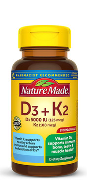 Nature Made Vitamin D3 5000 IU K2 100 mcg Dietary Supplement for Bone Teeth 60ct