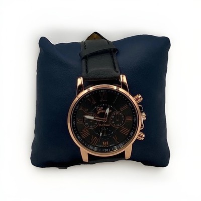 New Black Geneva Leather Band Gold Stainless Steel Analog WristWatch