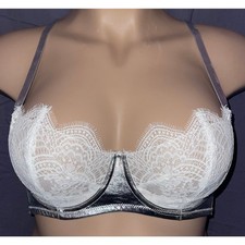 34D VICTORIA'S SECRET DREAM ANGELS SILVER WHITE LACE BALCONETTE BRA