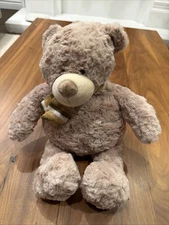 RARE Gund ? Bear 15" Tan Brown Striped scarf Plush Stuffed Animal SOFT WEIGHTED