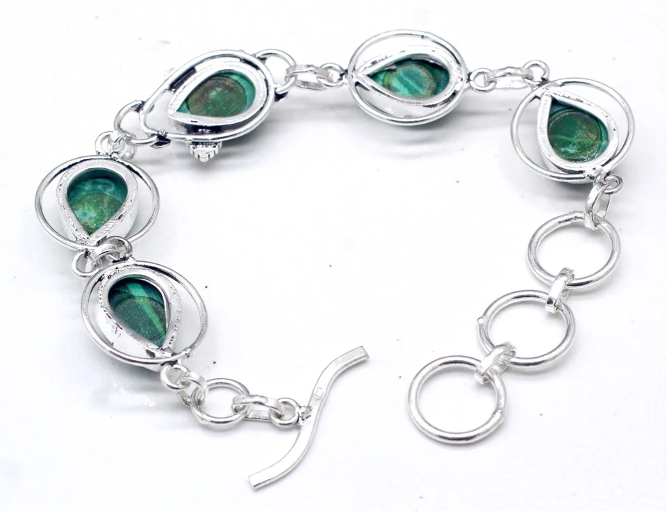 Brazalete de joyería de plata de ley 925 hecho a mano con piedras preciosas de malaquita verde tamaño-7-8" Foto 3 de 3