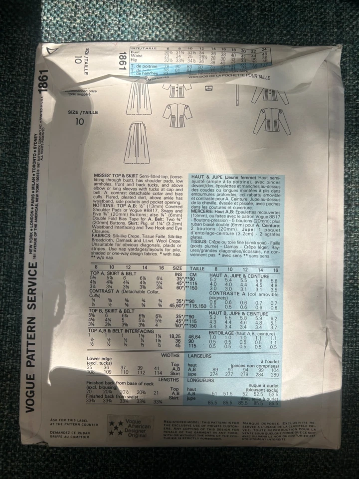 FREE SHIP! 1861 Vogue Patterns American Designer Albert Nipon Sz 10 - Image 2 of 2