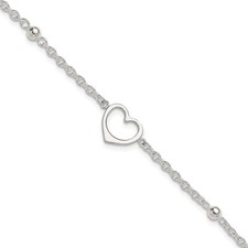Sterling Silver Open Heart and Bead 9 inch Plus 1 inch Extender - Total 10 inch