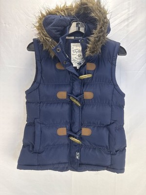 Tokyo Laundry Navy Blue Hooded Puffer Vest Faux Fur Trim Toggle Women s Size M