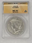 1922 P Peace Silver Dollar, Philadelphia Mint, ANACS  MS60