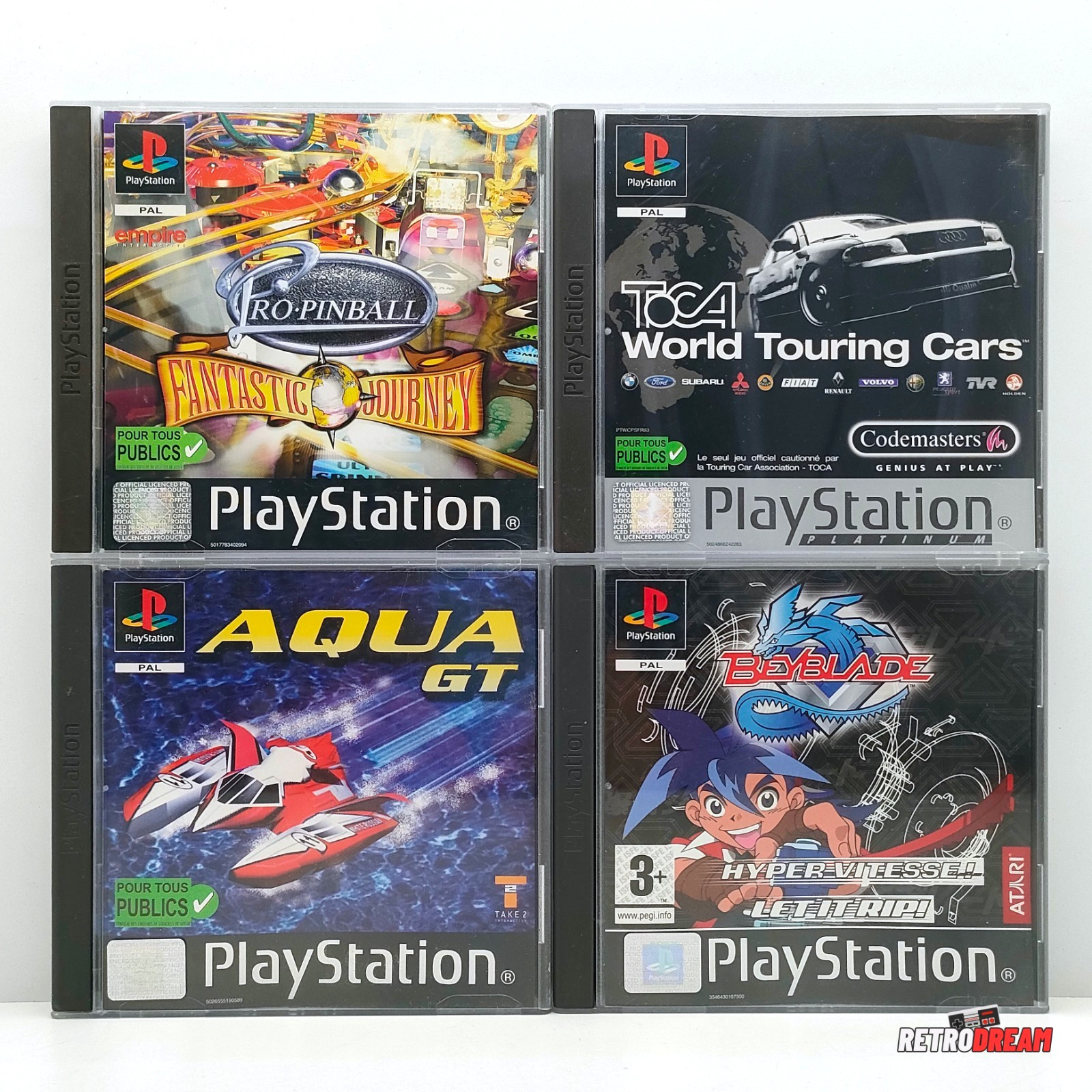 4 JEUX SONY PS1 PAL FR COMPLETS TBE (AQUA GT, BEYBLADE, FANTASTIC JOURNEY, TOCA)