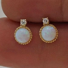 .05CTW Brilliant Stone Bezel Rope White Opal Stud Earrings 14K Yellow Gold