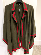 NWT TALBOTS Womens Cape Collared Sweater Shawl Olive w/ Red Edge Sz ONE SIZE