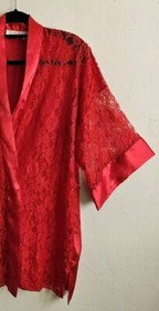 Vtg Victorias Secret Red Lace Robe Satin Kimono One Size Sexy Retro Gold Label