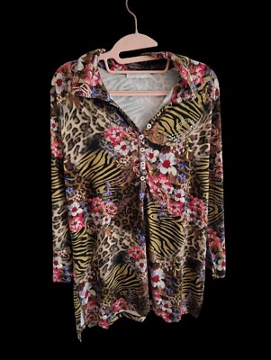 IMAGINI Shirt Gr 42 XL Leo Animal Tropical Summer Top Bluse Kragen Retro Neo...