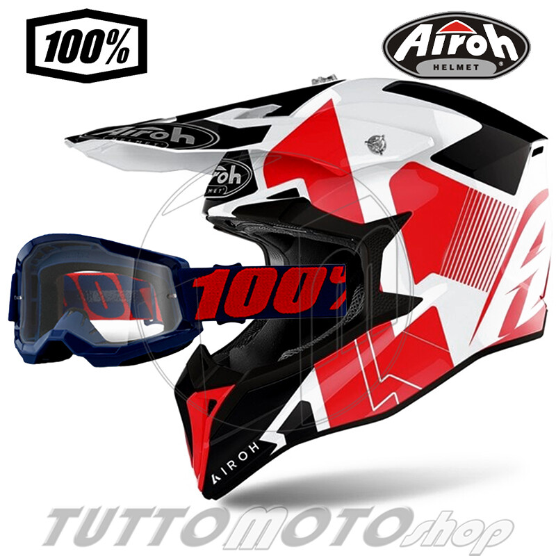 Casco da Cross AIROH WRAAP RAZE Red gloss + Maschera 100% trasparente MASEGO