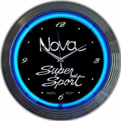 Chevrolet Nova SS Logo Blue Neon Hanging Black Wall Clock 15'' Diameter 8NOVAX