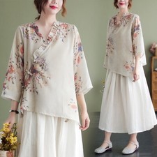 Donna Camicetta Scollo A V Increspatura Etnico Floreale Casual Sciolto
