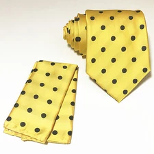 Yellow Black Polka Dots Neck tie & Pocket Square Hanky Set Wedding Prom