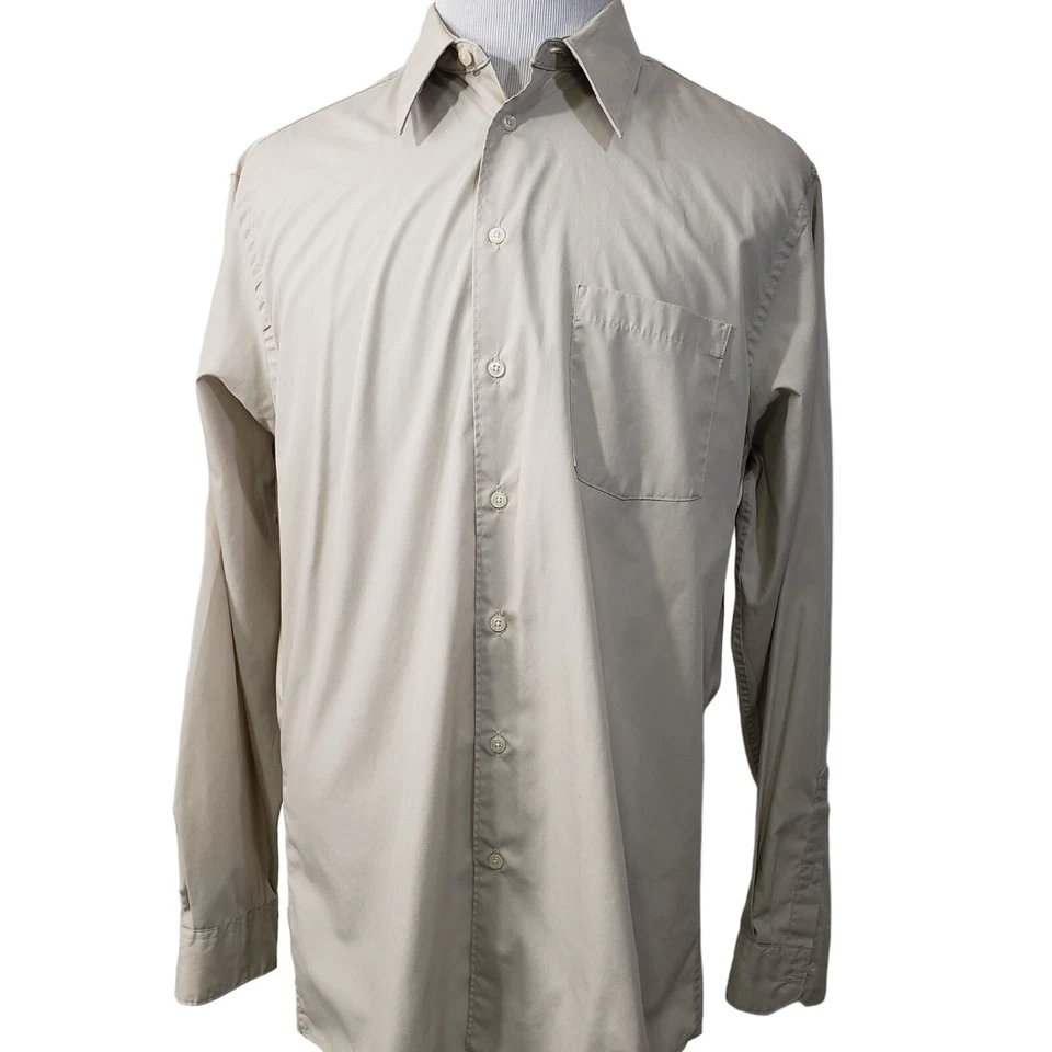 Camisa de vestir John Ashford para hombre talla XL 17 35-37 beige ajustada manga larga abotonada Foto 4 de 4