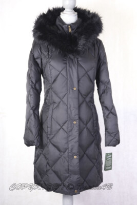 $330 Lauren Ralph Lauren Hooded Quilted Bib Faux Fur Trim Coat Puffer S Black