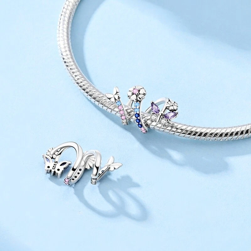 MULA Frauen 925 Sterling Silber Charm Rosa CZ Schmetterling Blumen Für Armband - Bild 4 von 4