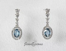 14K White Gold Natural Oval Sapphire and Diamonds Halo Dangle Earrings
