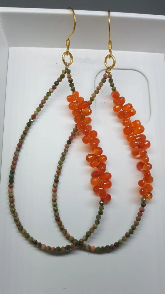 Corniola e pietra preziosa unakite orecchino argento sterling 925 gioiello re... - Immagine 2 di 4