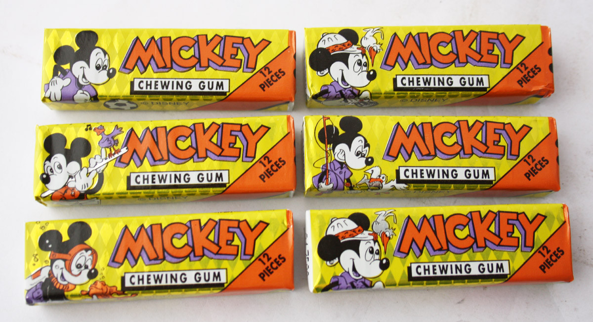6X ULTRA RARE VINTAGE 80'S DISNEY MICKEY CHEWING GUM PACKS + BOX