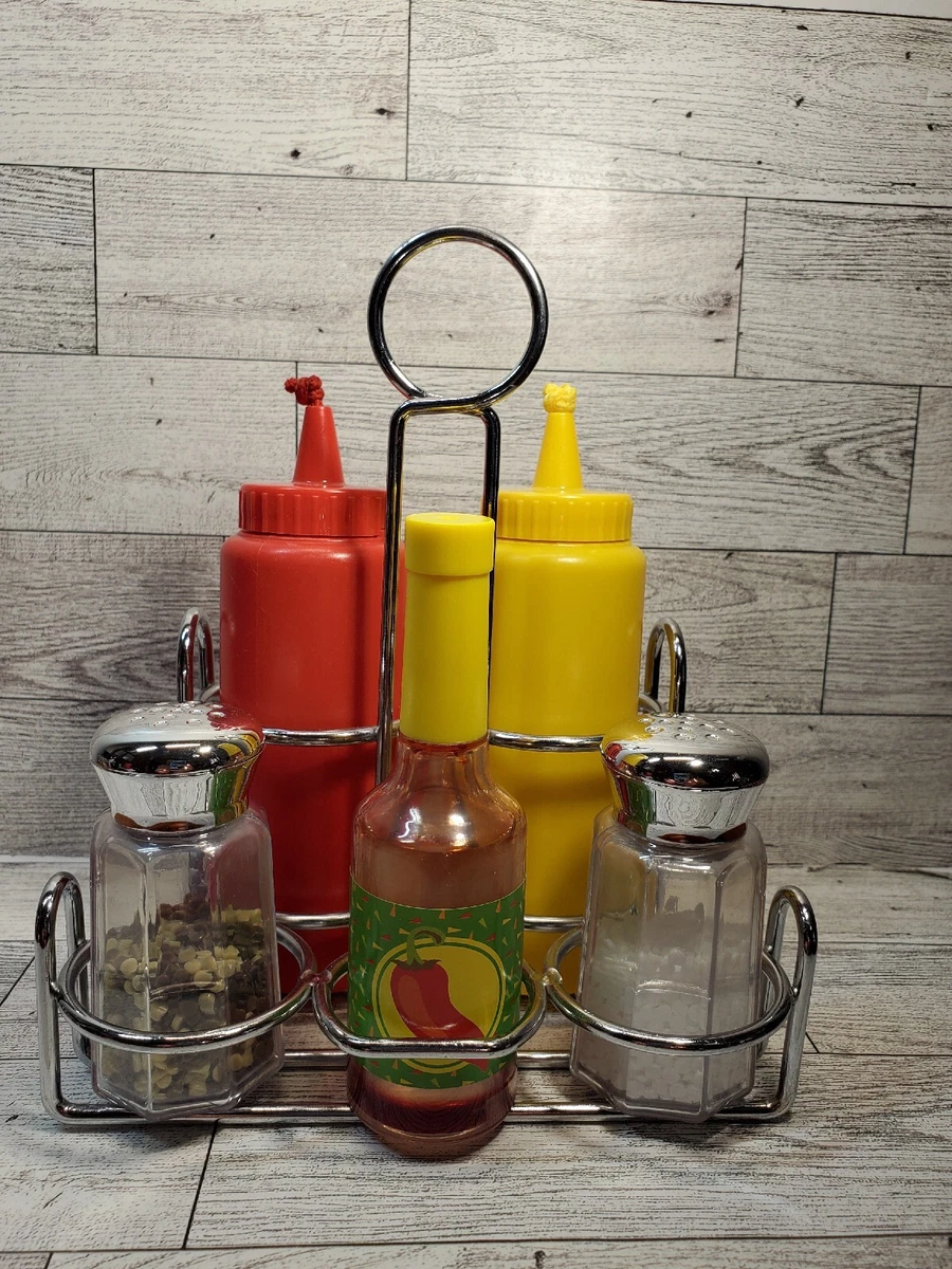 Melissa & Doug Condiment Set w/ metal caddy Salt Pepper 6 piece 9358