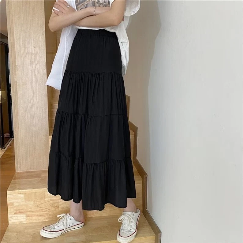 New Indian Black Solid Long Frill Skirts Cotton Skirt Women's Clothing skirts US