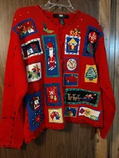 Vtg Segue Ho Ho Ho Ugly Christmas Sweater Patchwork Santa Reindeer Ornaments XL 