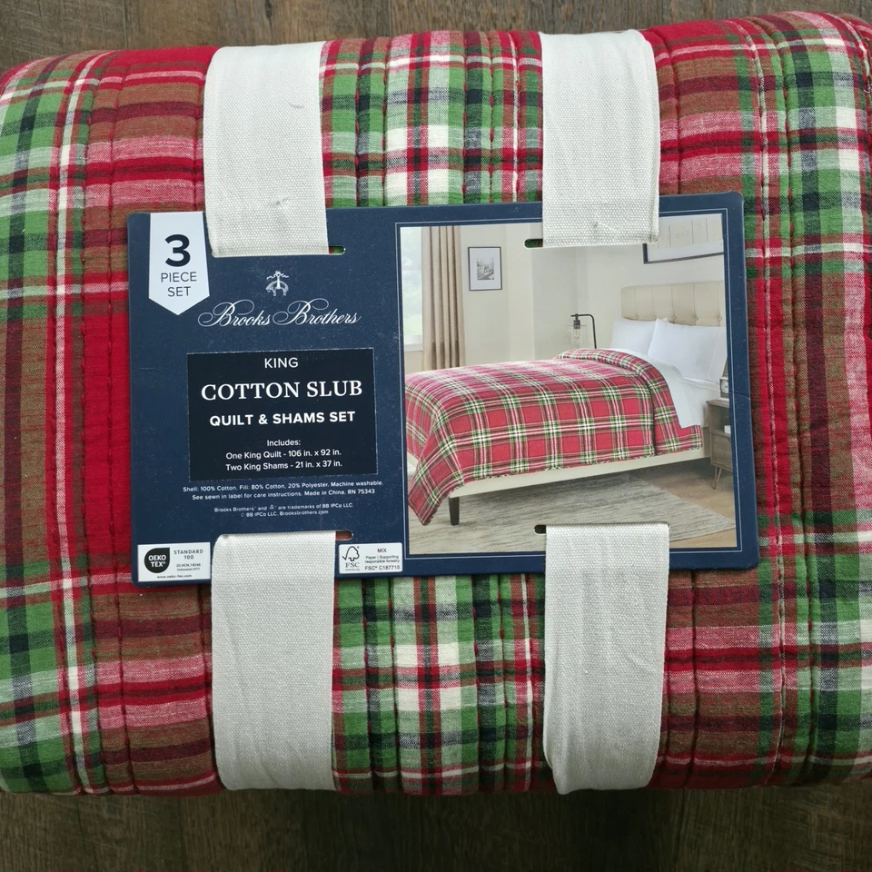 Juego de edredón Brooks Brothers KING rojo a cuadros escocesa puntada algodón Foto 4 de 4