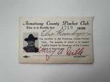 Vintage 1938 Armstrong County PA Governor Gifford Pinchot Club Membership Card