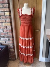 Rixo Aubrie Orange Lace Tiered Midi Dress Size Large UK 14