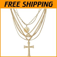 Layered Gold Cross Pendant Necklace Set