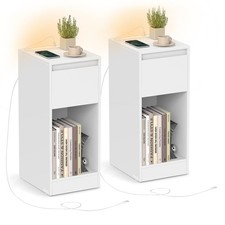 Slim Bedside Tables Set of 2 LED Nightstand USB Charging Drawer Narrow