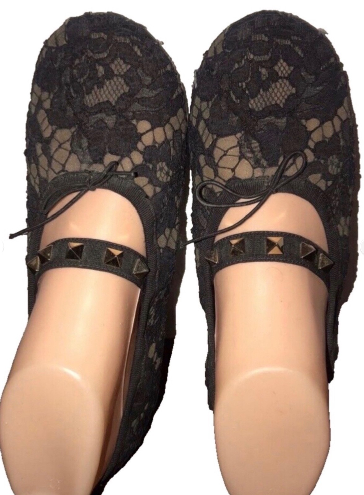VALENTINO GARAVANI Lace Ballet Flat Shoe with RockStud & Bow BLACK Size 37 thumbnail 4