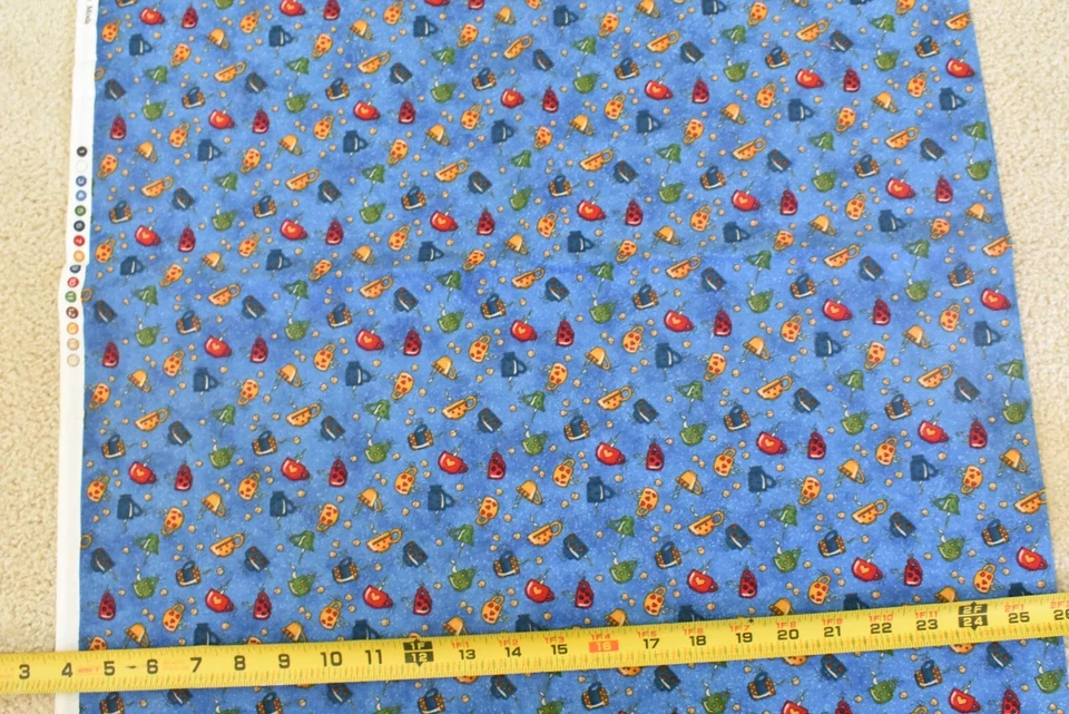 27" Long, Gold Blue Red Green Coffee Cups on Blue Cotton, Moda, Gardner, P8340 - Image 3 of 4