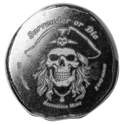5 oz Silver Round - Pirate Skull Hand Poured .999 Fine Silver
