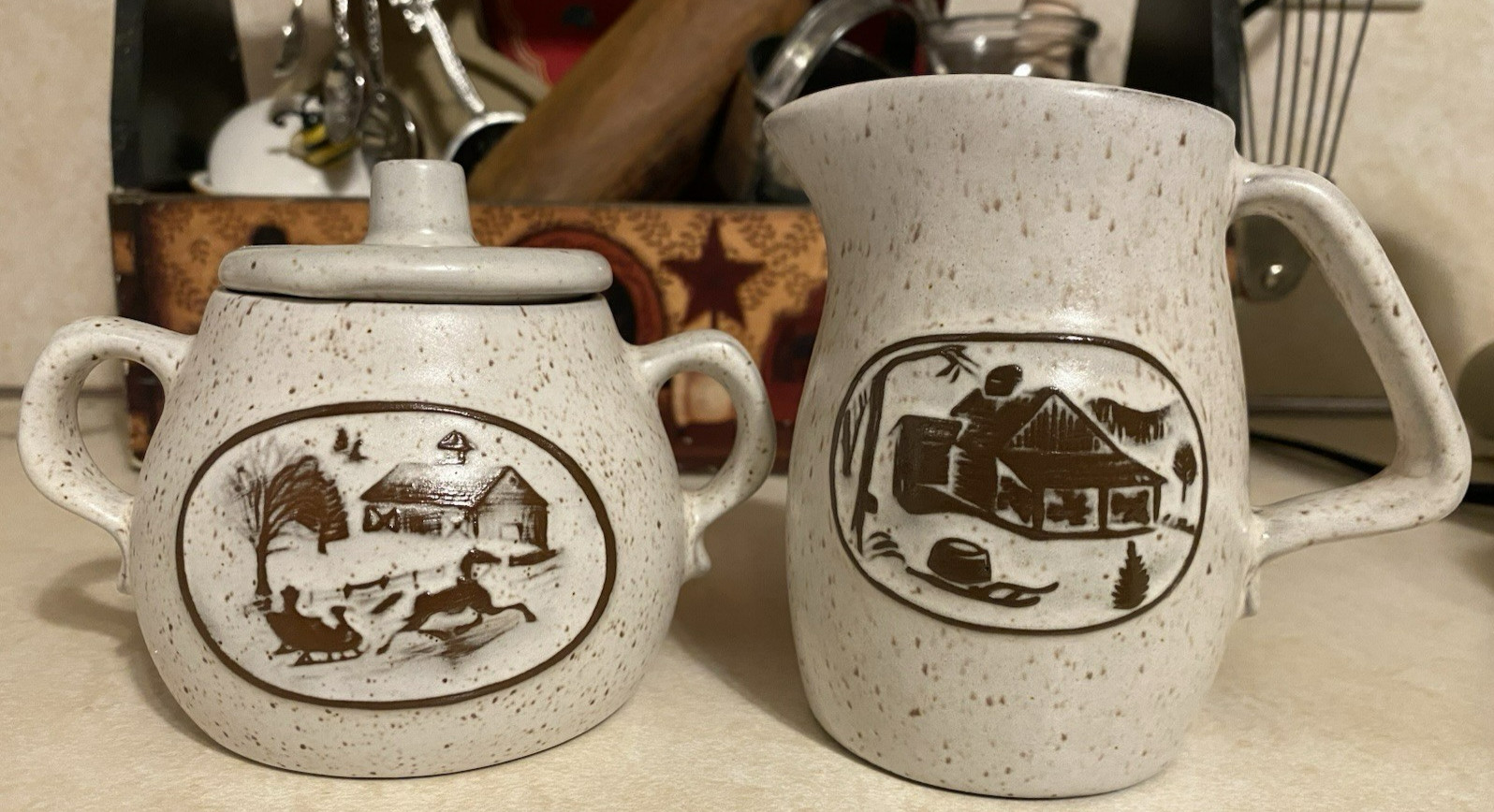 Vintage Onion River Company, Vermont Creamer and Sugar Crock Rustic Winter Scene