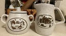 Vintage Onion River Company, Vermont Creamer and Sugar Crock Rustic Winter Scene