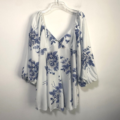 Free People Francesca Mini Dress XS/S White Blue Floral Boho Party Summer Smock